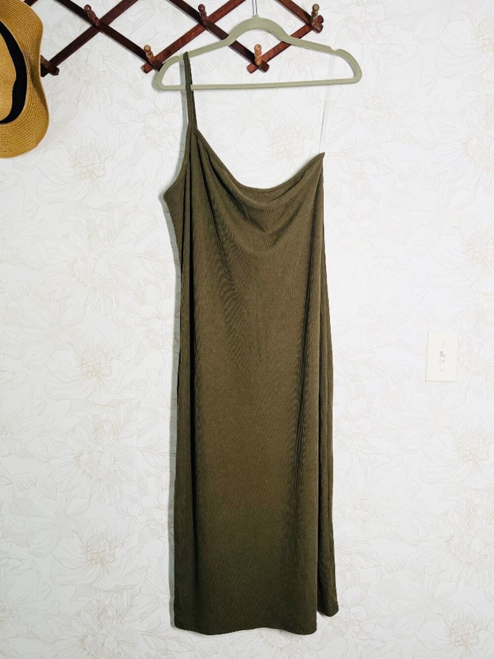 Zenobia One-Shoulder Olive Ribbed Midi Dress 3XL Bodycon Army Green